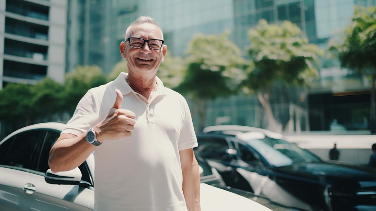 A man wearing a white T-shirt and glasses, smiling and giving the thumbs up, in front of a white SUV in good condition.