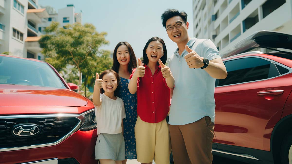 A happy family comprising of the father, mother and two daughters smiling and giving the thumbs up.