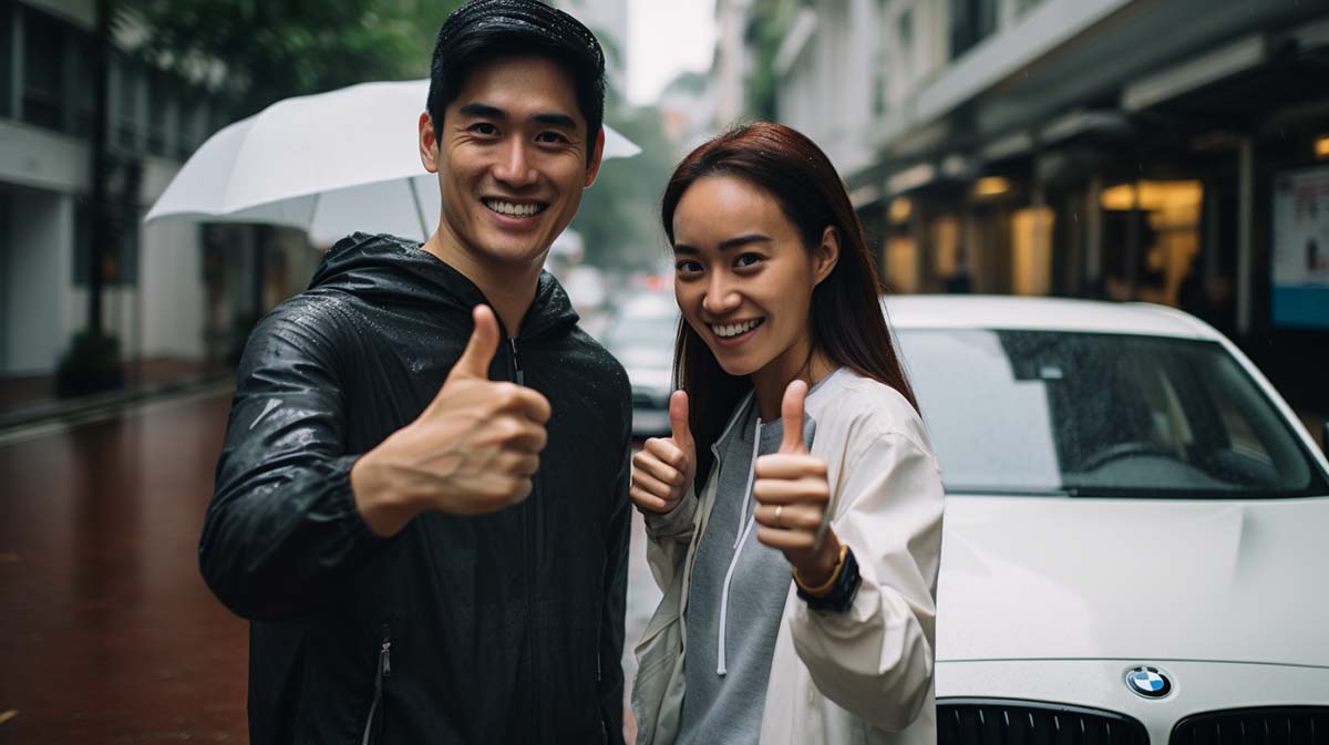 A man and his girl, smiling and giving the thumbs up, standing in front of a silver sedan car.