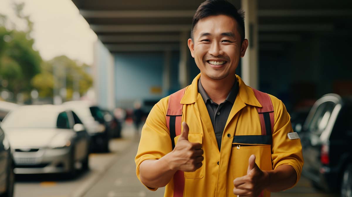 A mechanic in a yellow overall, smiling and giving the thumbs up.