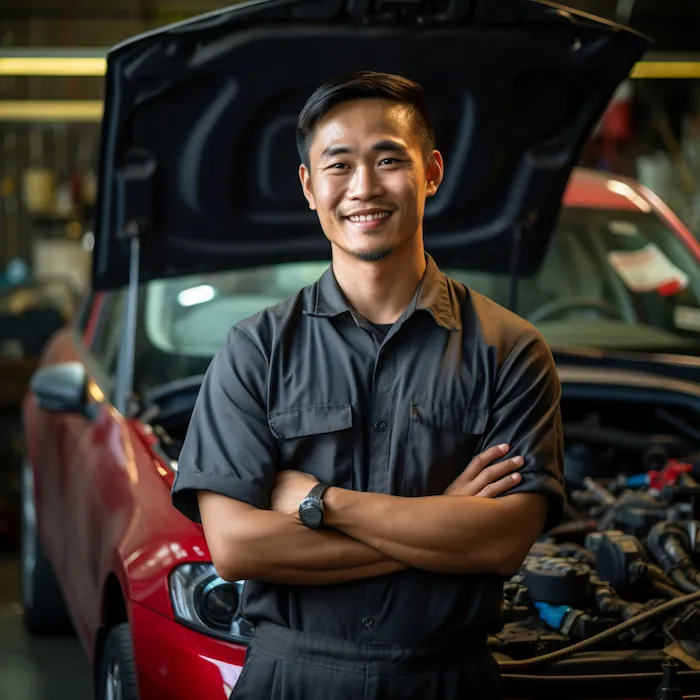 A mechanic smiling with arms folded with a red sedan car in the background with an open bonnet
